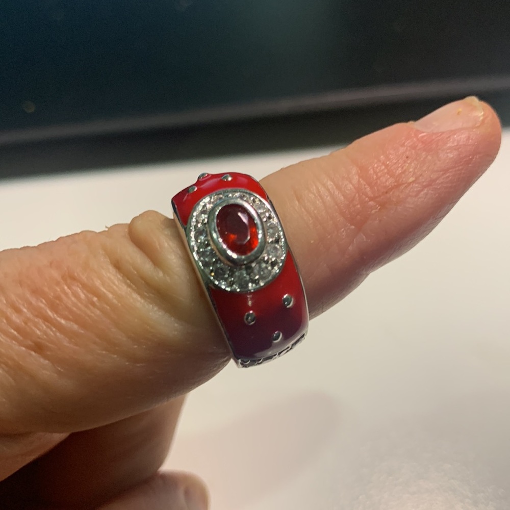 Vintage signed RP sterling silver red enamel ring rhinestones red & clear Sz 6.5 - Picture 9 of 11